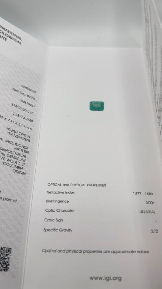 Natürlicher Smaragd 2.18ct – Kolumbien – IGI-Zertifikat