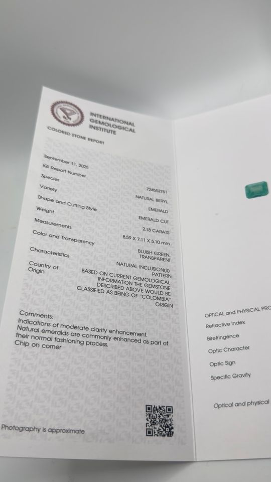Natürlicher Smaragd 2.18ct – Kolumbien – IGI-Zertifikat